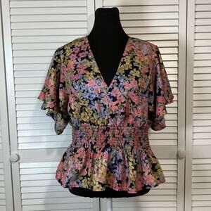 Truth NYC Whimsical Smocked Floral Peplum V-Neck Flutter Sleeves Blouse XL